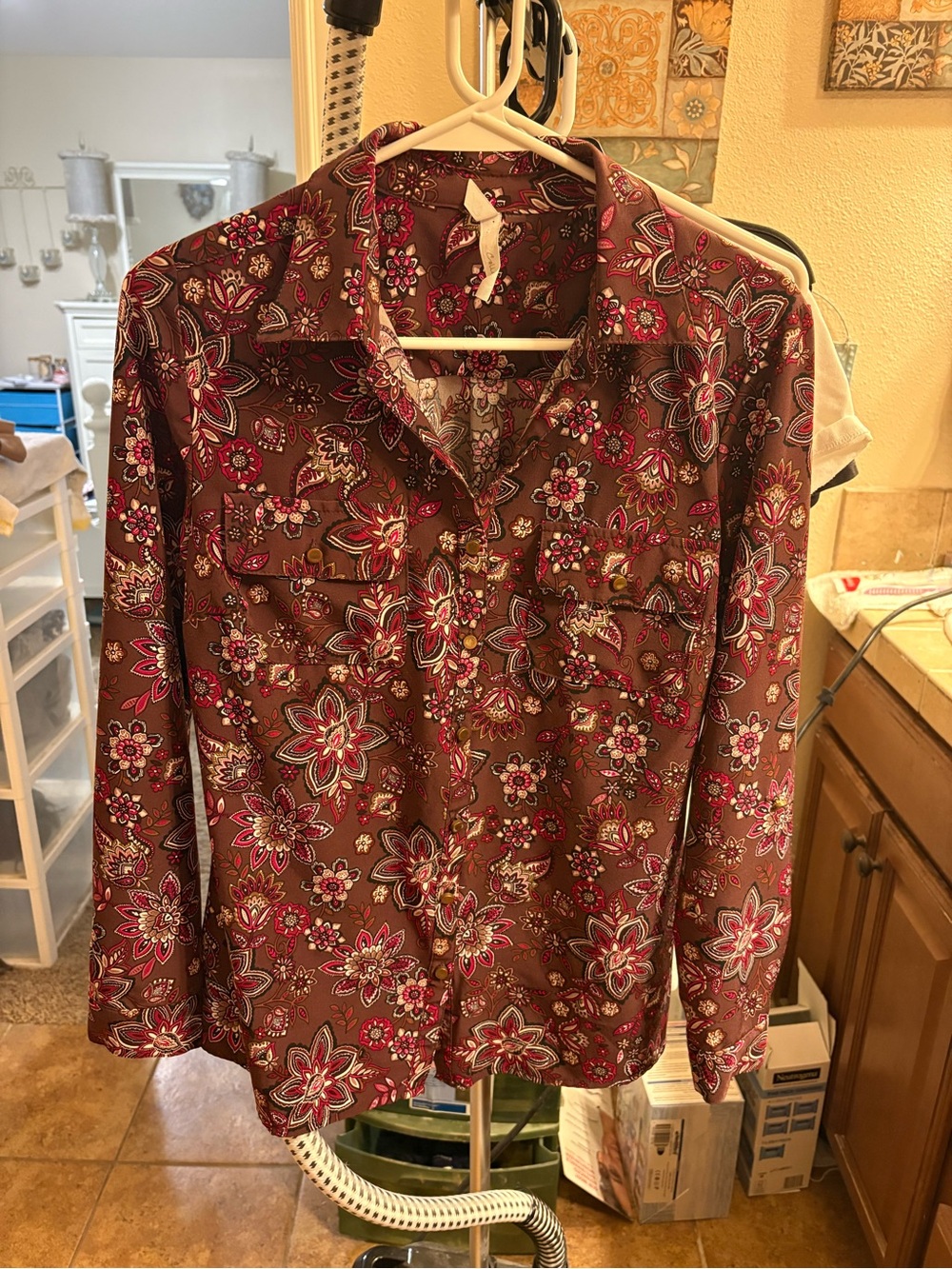 NY Collection Floral Button-Down Shirt in Brown and Pink